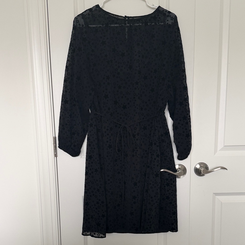 LOFT Black Long-Sleeve Tie-Waist Burnout Dress